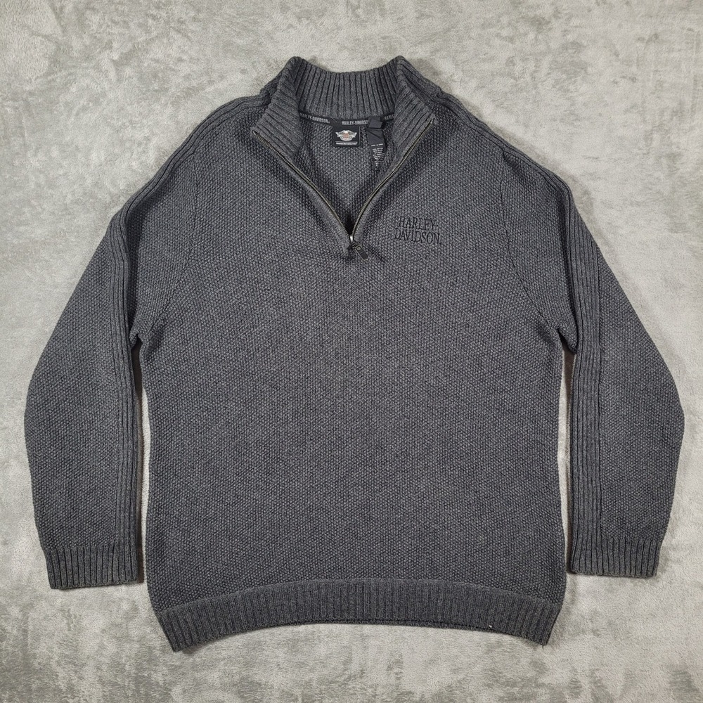 Harley Davidson Sweater Mens XXL Gray 1/4 Zip Cotton Wool Cashmere Knit Logo